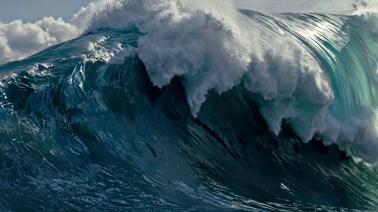 Dynamic video still of a powerful ocean wave captured from a low angle, highlighting the wave's