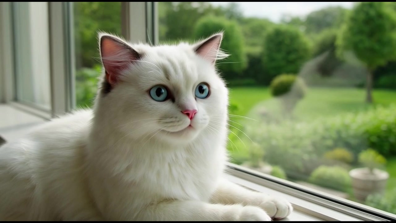 窓辺であくびをする白いラグドール猫