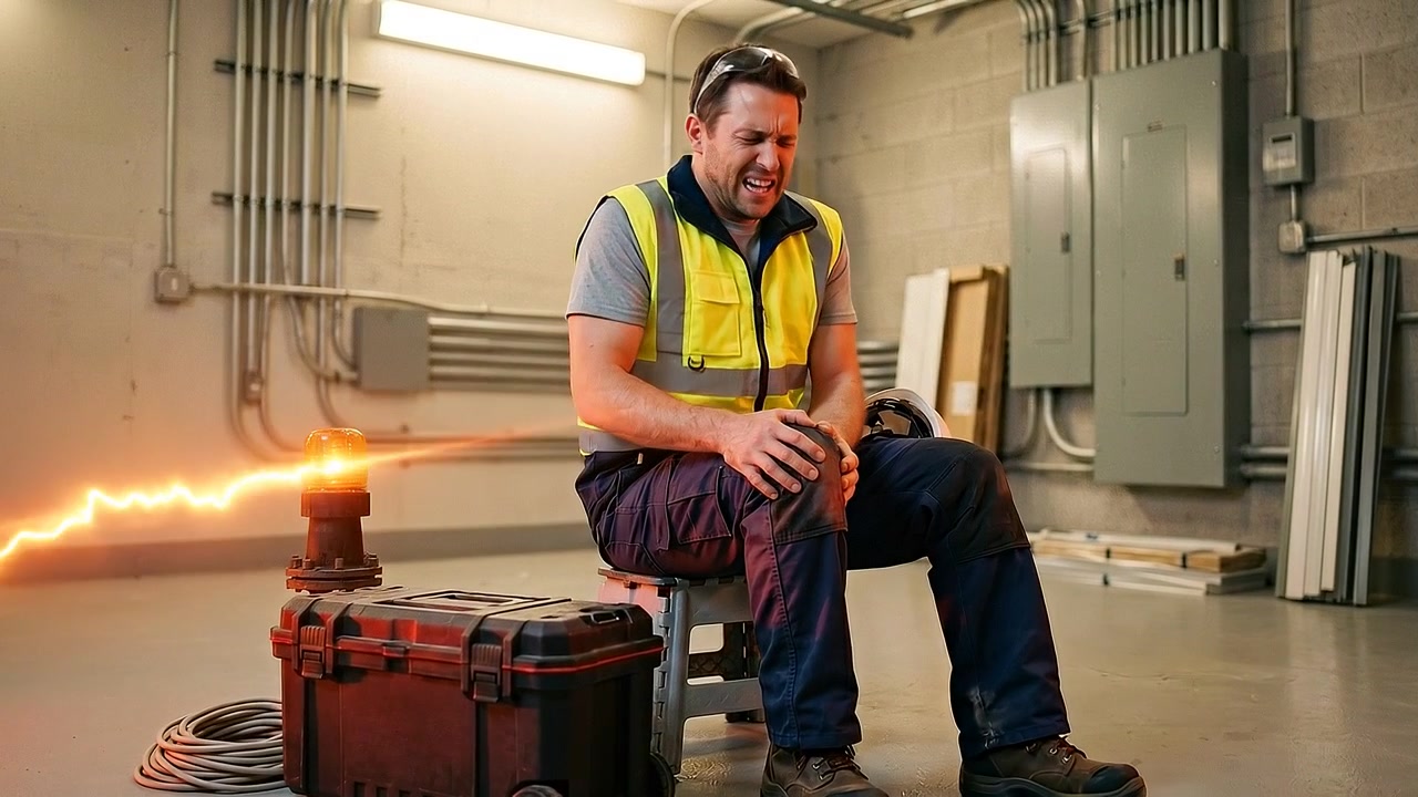 Bauarbeiter mit Knieschmerzen, während er in der Werkstatt sitzt.