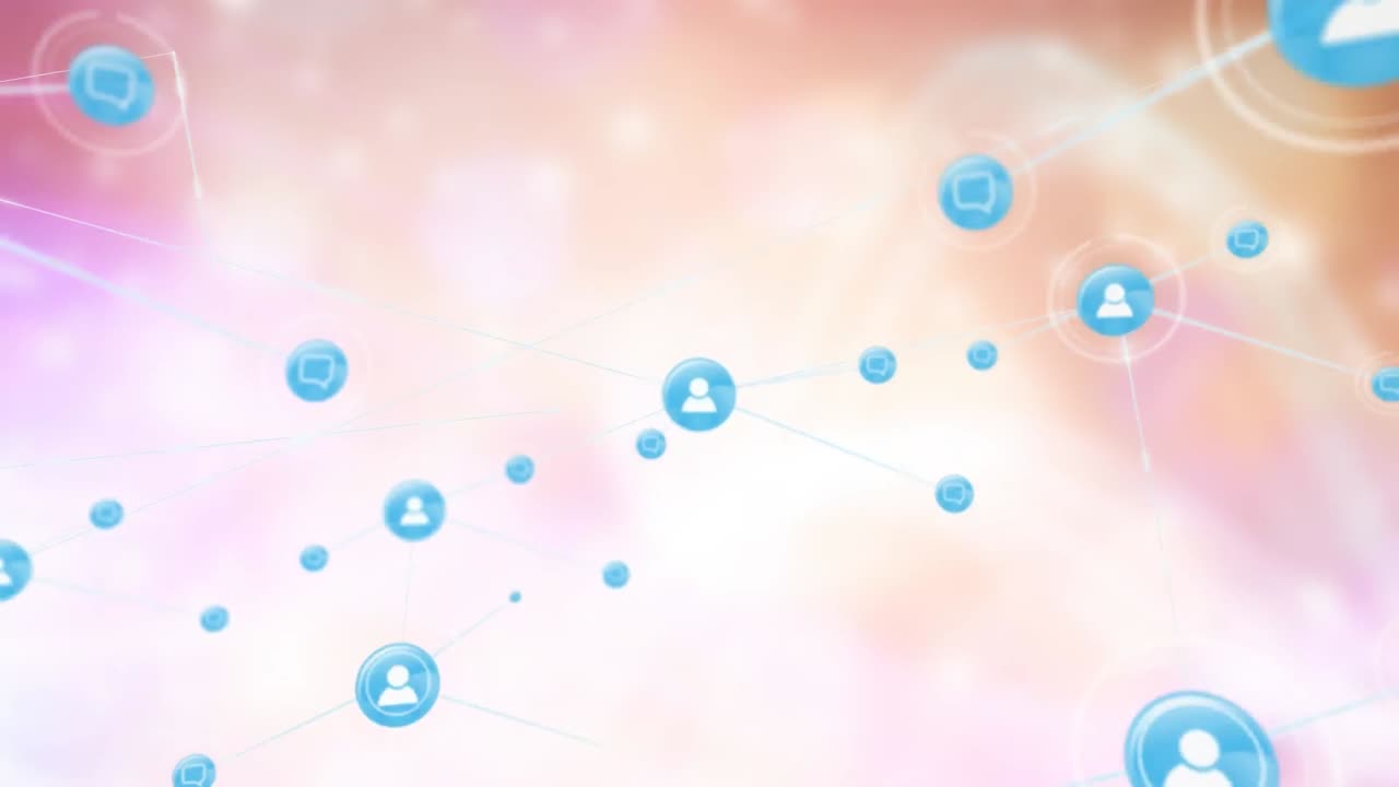 분홍색 그라디언트 배경에 빛의 반점에 대한 디지털 아이콘 네트워크의 애니메이션