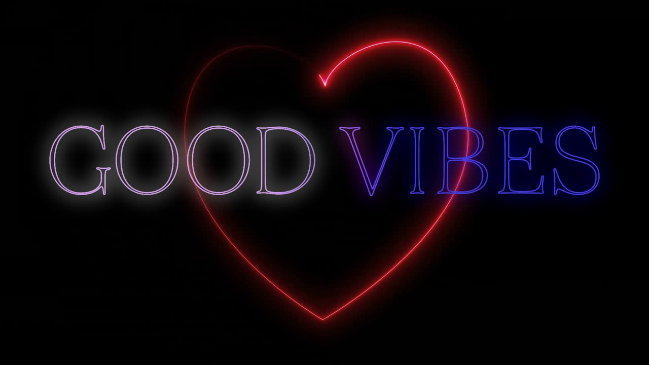 Animation of good vibes text over neon heart on black background