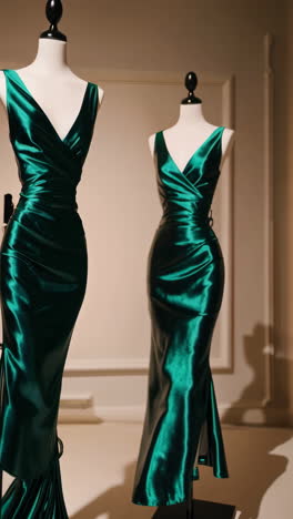 emerald green satin gown and shoes display