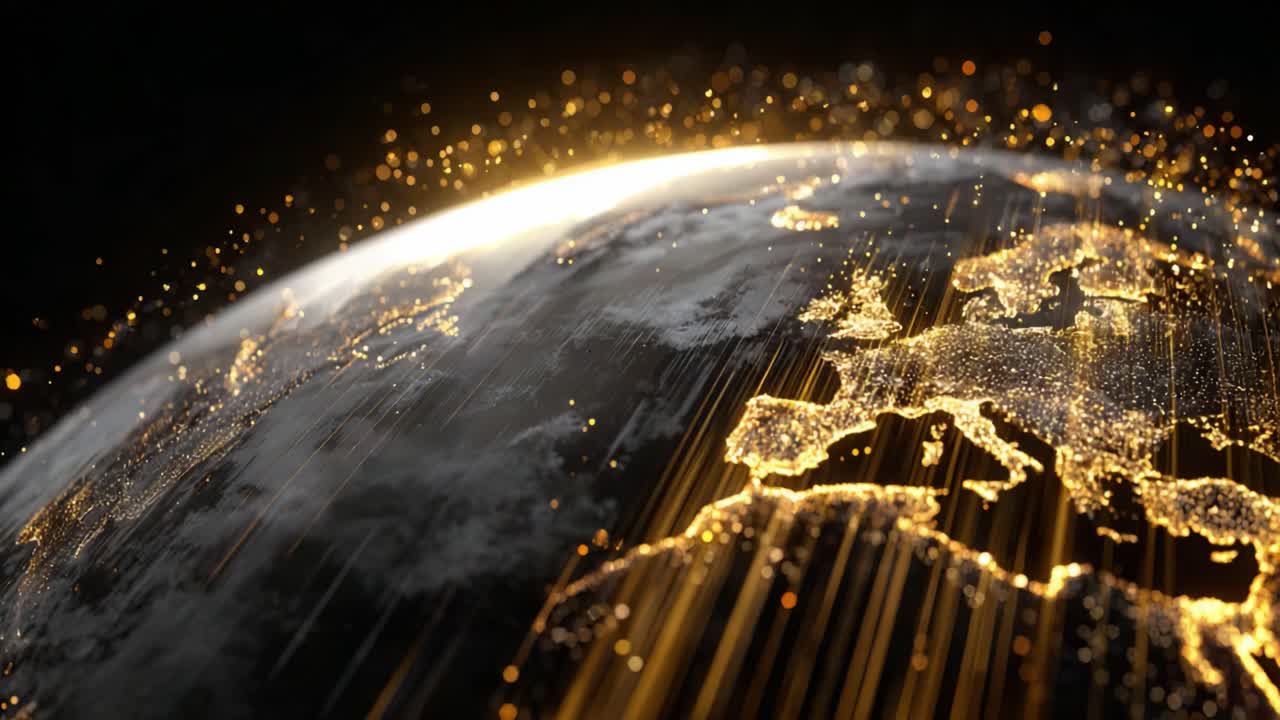 Visual Representation of Earth with Illuminated Europe and Radiant Light Streams, Highlighting Geographical Features in a Captivating Digital Art Style