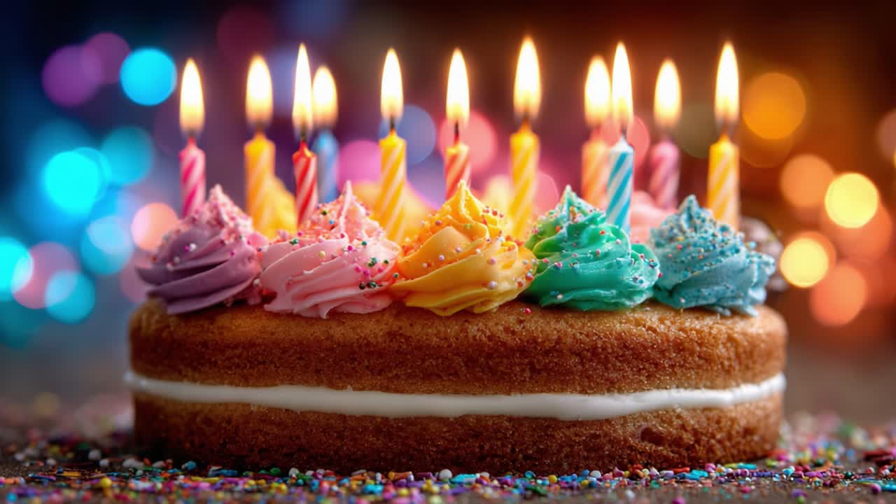 A Vibrant Birthday Cake with Colorful Frosting and Candles Glowing Brightly, Perfectly Celebrating a Special Occasion Filled with Joy and Sweetness