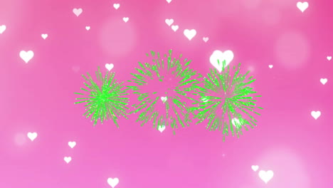 Corazones-Y-Fuegos-Artificiales-Verdes-Animándose-Sobre-Fondo-Rosa