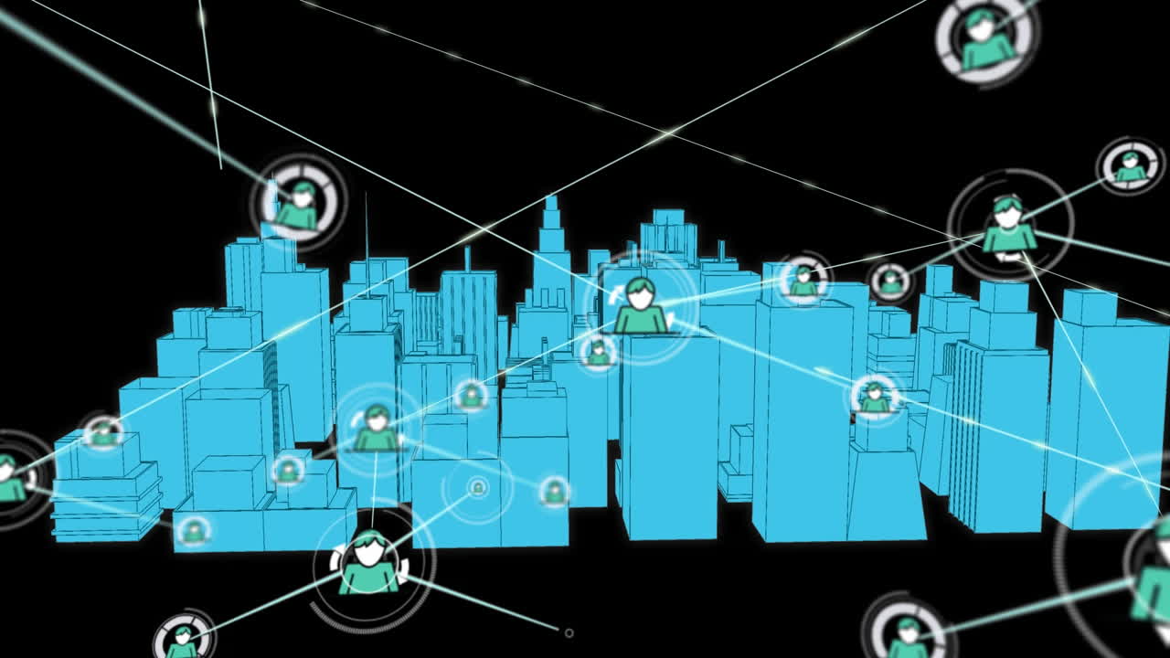 Animation of networks of connections with icons over 3d city drawing spinning on black background
