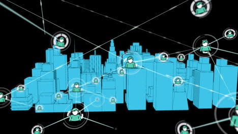 animation of networks of connections with icons over 3d city drawing spinning on black background