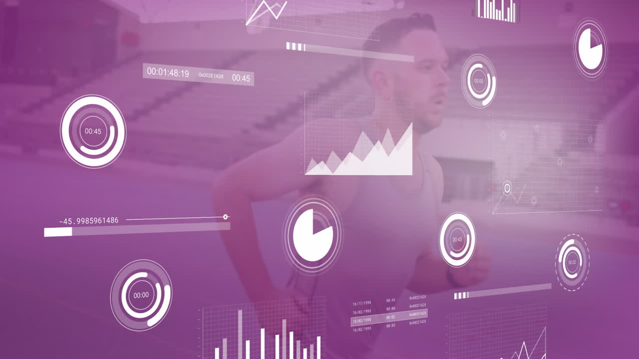 male athlete running on track, showing fitness data with circular timers, line, bar and pie charts