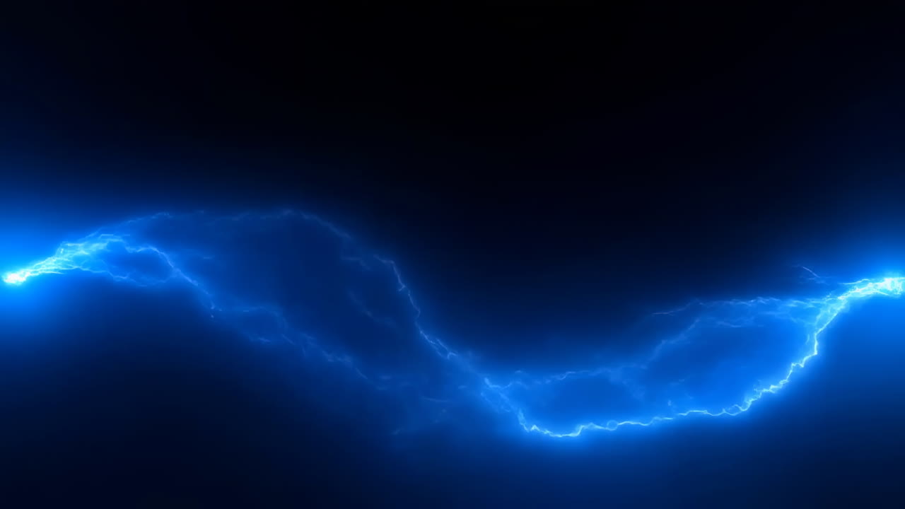 Arco elettrico blu pulsante e scintillante su sfondo nero