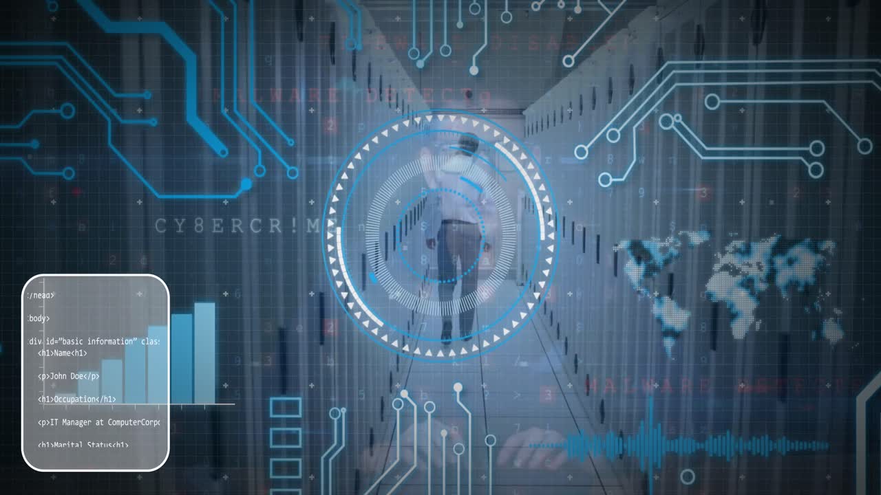animación del alcance y el procesamiento de datos a través de técnicos informáticos y servidores informáticos masculinos