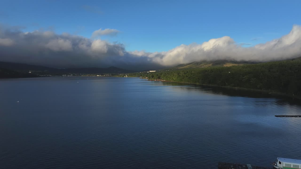 일본 야마나카 호수 위를 날아다니는 무인기, 공중 전진 및 복사 공간