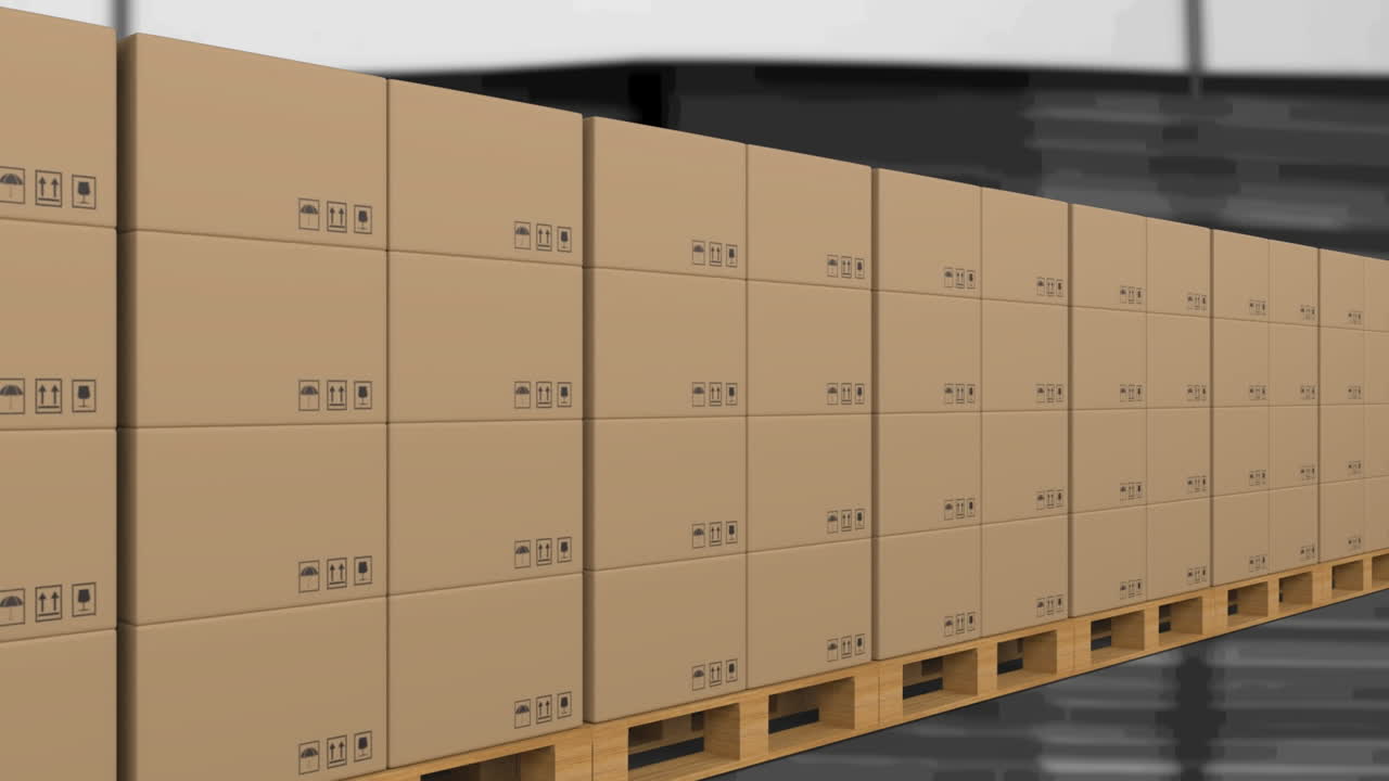창고에서 컨베이어 벨트에 움직이는 카드보드 상자의 애니메이션