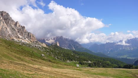 pan across monte nuvolau to alpine meadow in passo giau mountain pass