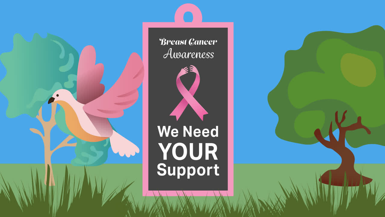 나무와 새 위에 분홍색 리본 로고와 유방암 텍스트의 애니메이션