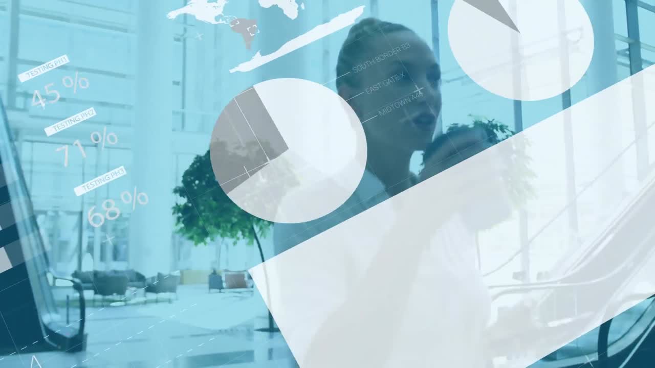 Animation of infographic interface over caucasian woman with coffee and cellphone walking in office