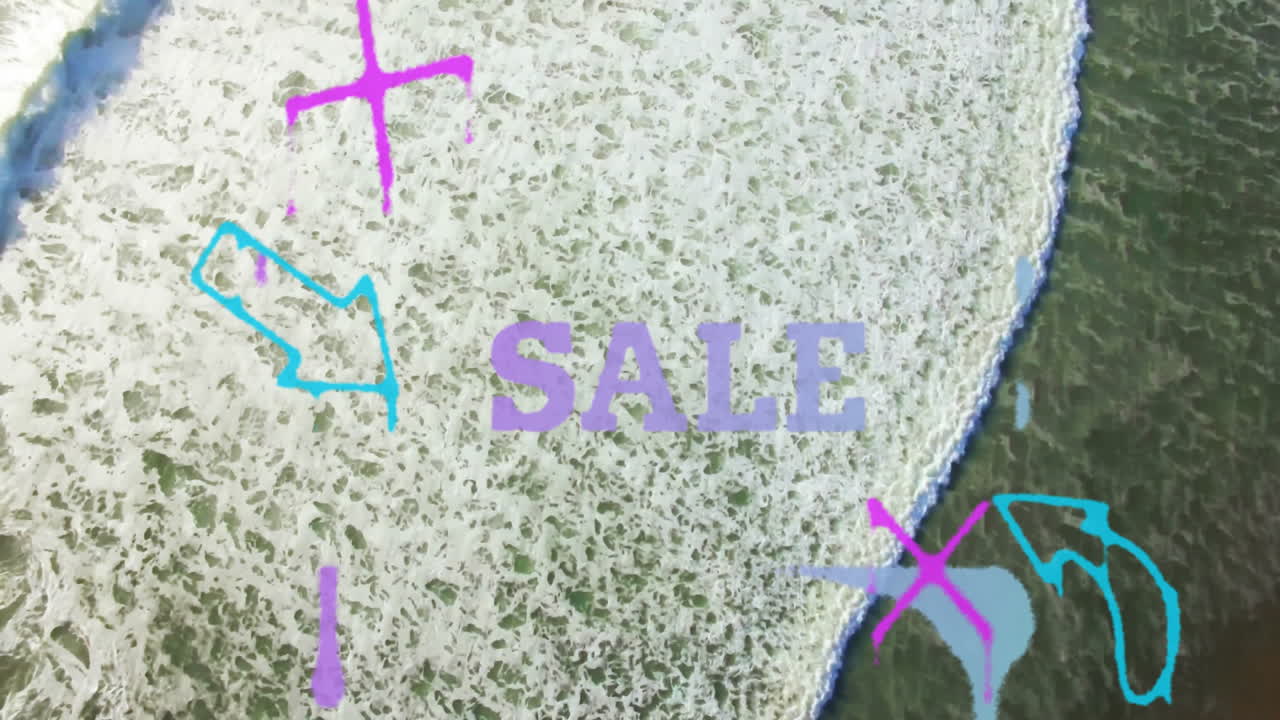 Colorful arrows and symbols with SALE text over ocean waves in animation