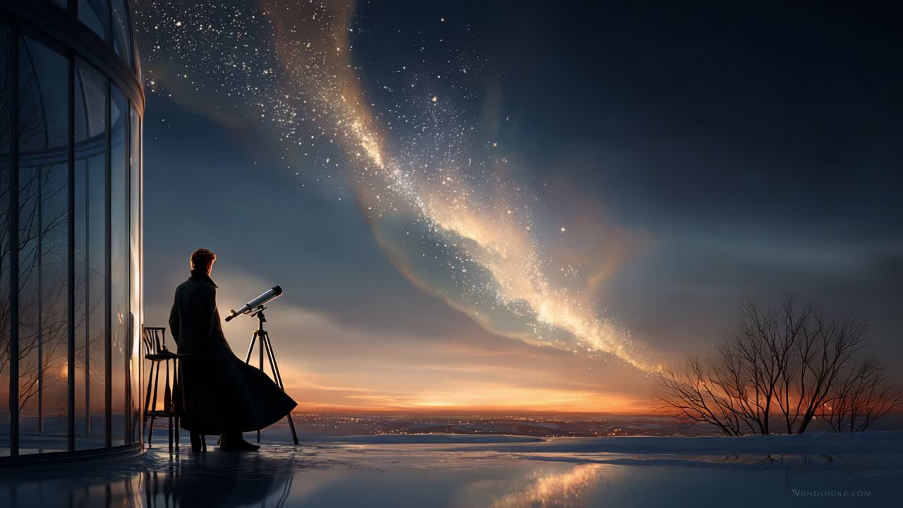 A solitary figure gazes at the vast cosmos through a telescope, absorbing the stunning views of stars and galaxies, as a breathtaking sunset paints the sky with colors of twilight and dreams