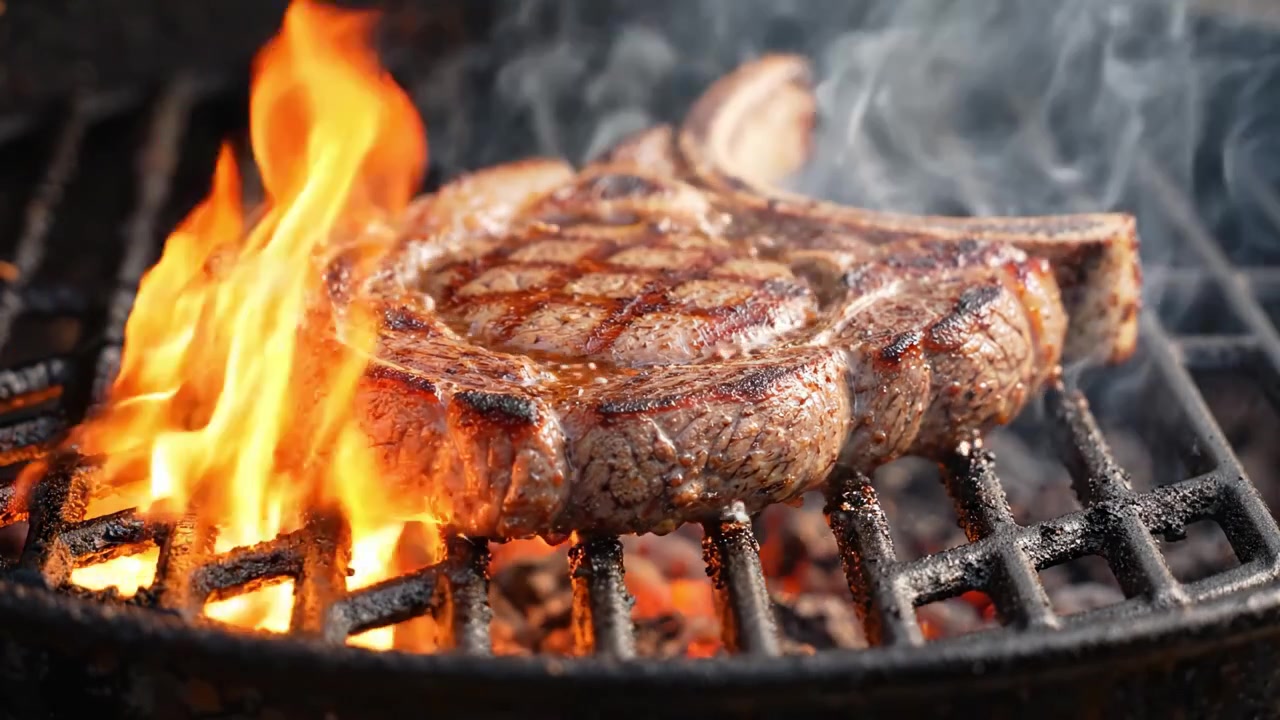 Grilling the Perfect Steak: A Juicy, Smoky Experience Showcasing a Tender Chop on the Grill with Sizzling Flames and Mouthwatering Aroma