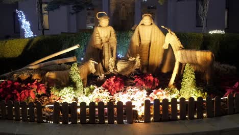 stabilized shot of illuminated christmas nativity scene at night in the city of alicante, spain