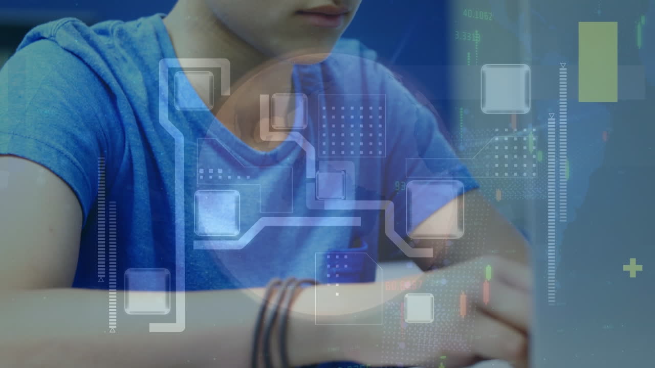 Animation of integrated circuit over caucasian boy using laptop