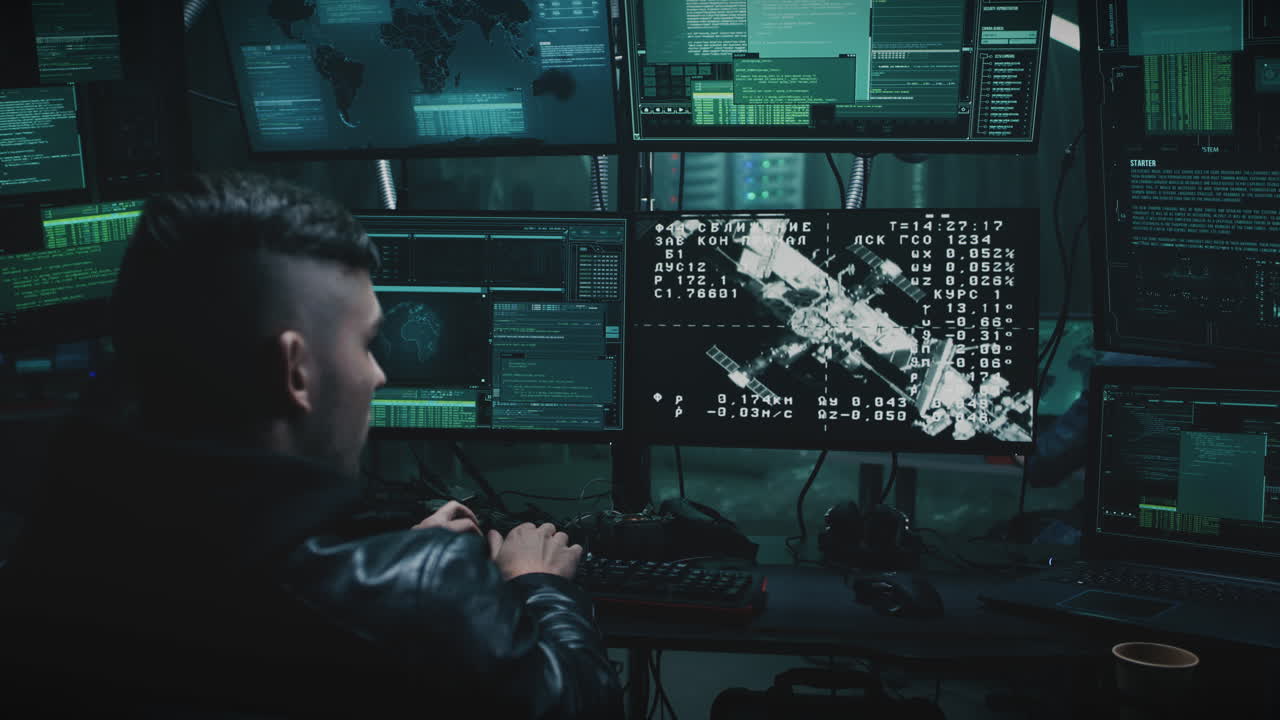 Hacker or Cybersecurity Expert Working on Multiple Computer Monitors