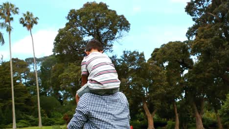 father carrying his son on his shoulders in park