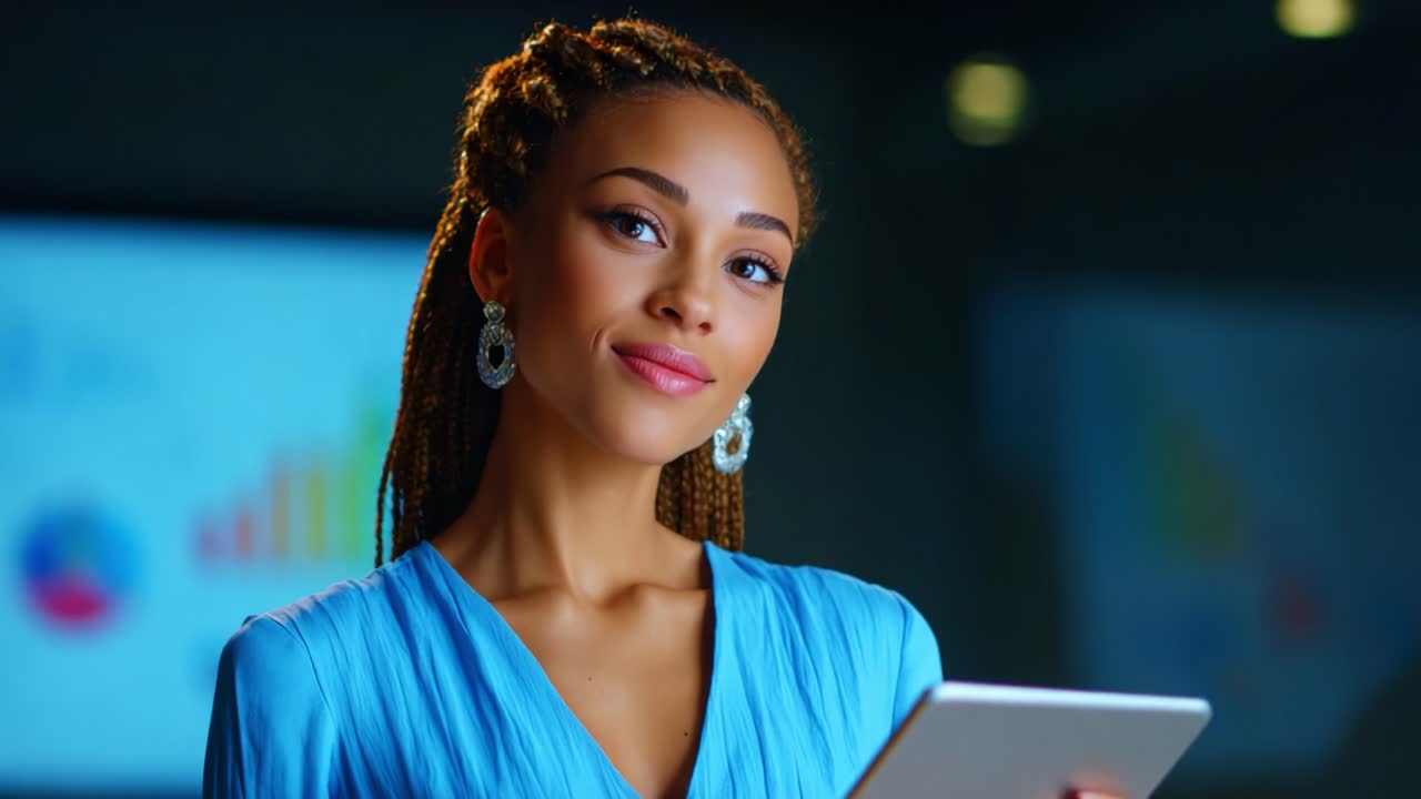 Una donna affascinante in abito blu che tiene in mano un tablet e coinvolge il pubblico con sicurezza e carisma in un ambiente moderno, mostrando professionalità ed equilibrio in un ambiente di presentazione dinamico
