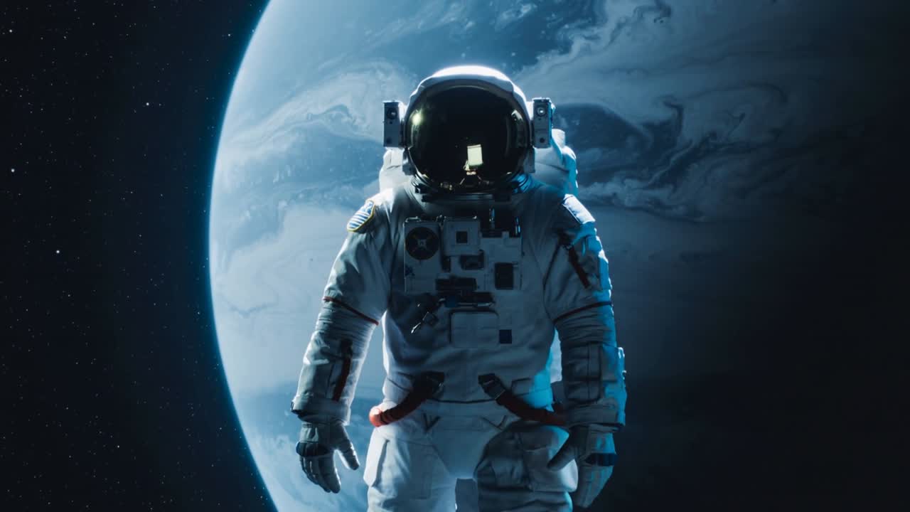 Astronauta a la deriva con traje EVA blanco acercándose desde gravedad cero en el espacio, su visor reflejando el planeta.