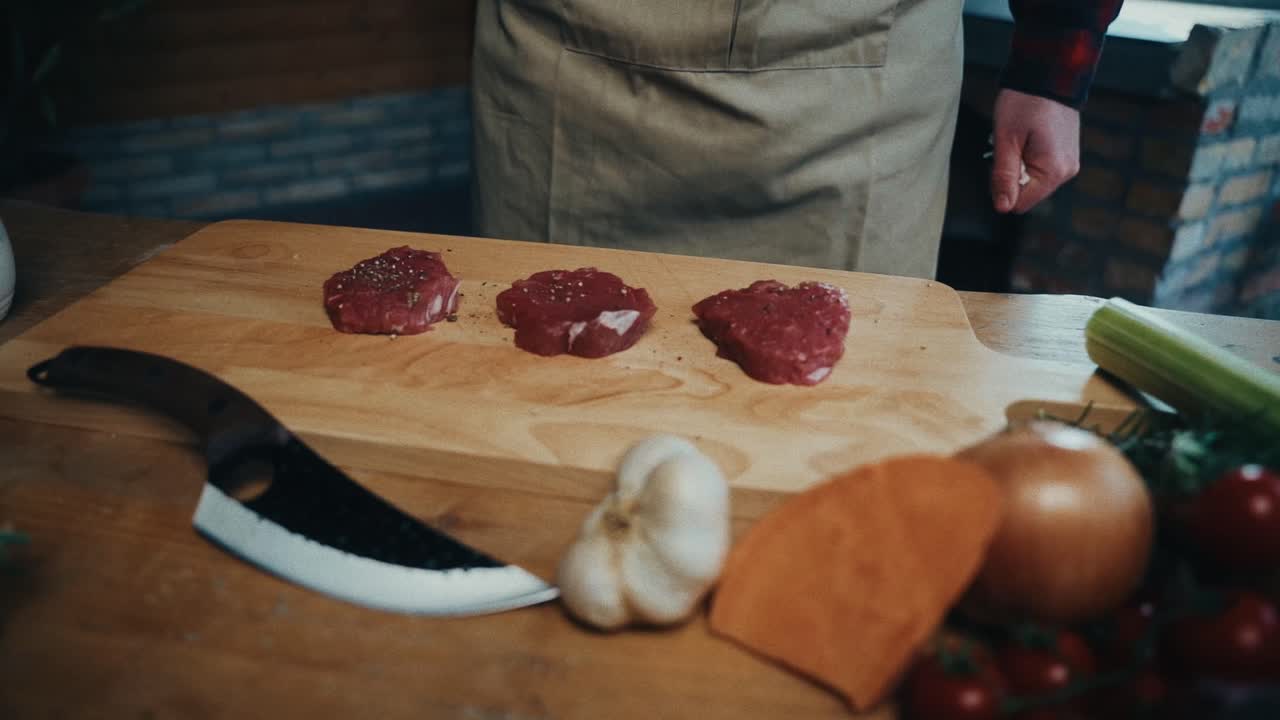 A chef prepares steak cuts on a wooden board with ingredients like garlic and tomatoes