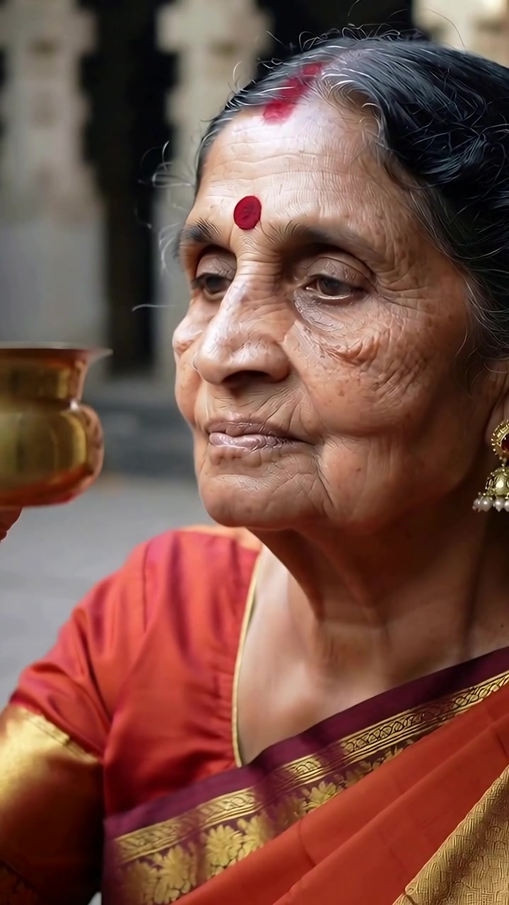 Video verticale: Anziana donna indiana in sari rosso che prega in un tempio, sollevando un recipiente di ottone da sinistra.