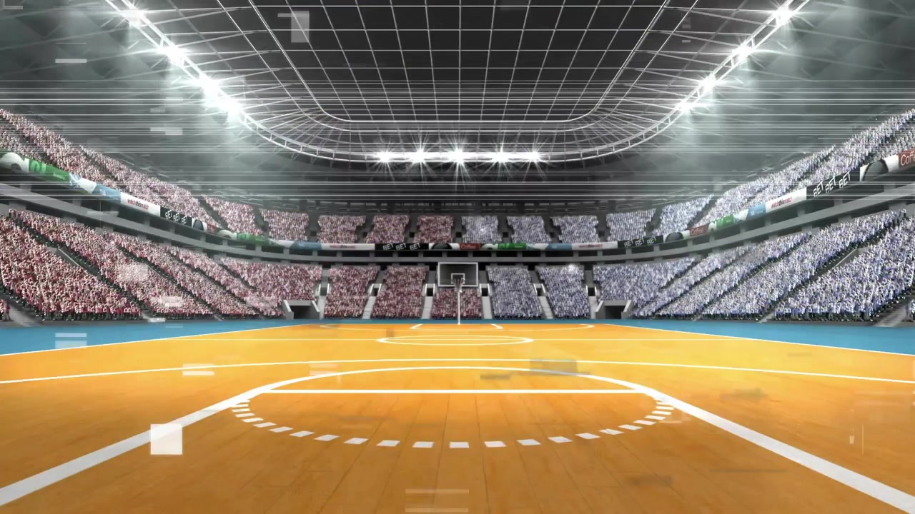 Basketballfeld in Arena nach einer Pause, wobei wiederholt Glitches erscheinen, driften und verblassen.
