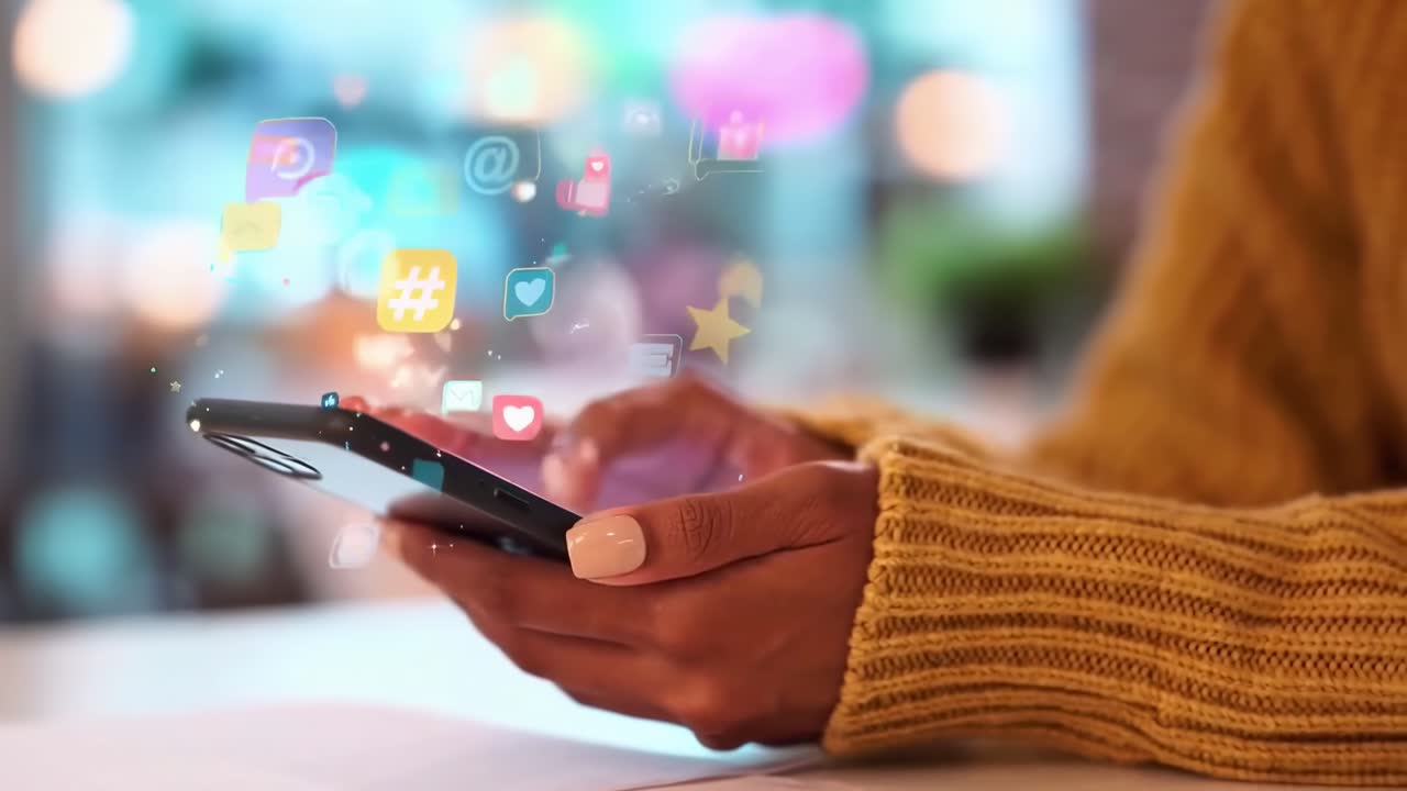 Close-up video of hands holding a phone with social media icons floating above, vibrant style