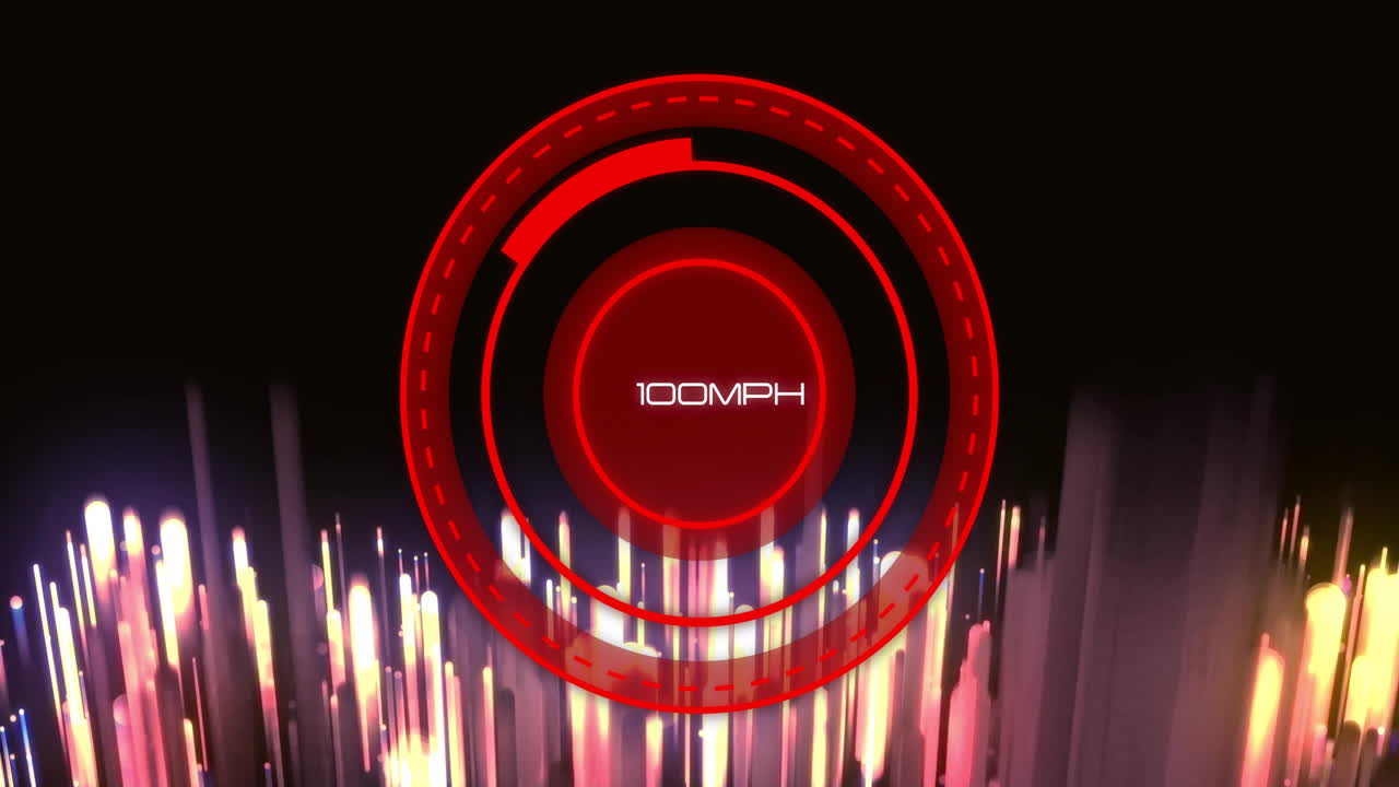 스피도미터 애니메이션은 다채로운 빛의 줄무를 통해 165 mph를 보여줍니다.