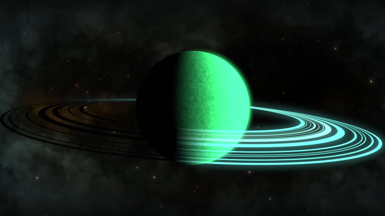 CGI green alien planet with rings in front of black cloudy nebula, space, wide view