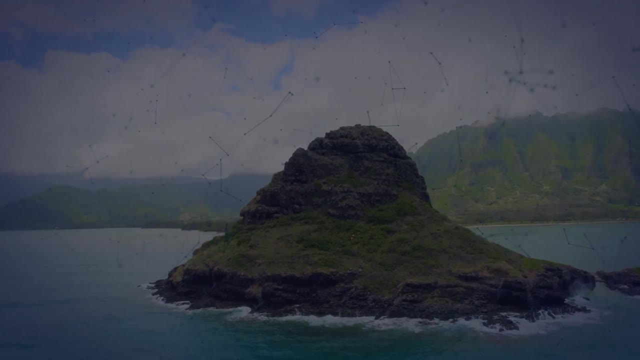 анимация сети соединений над морским пейзажем