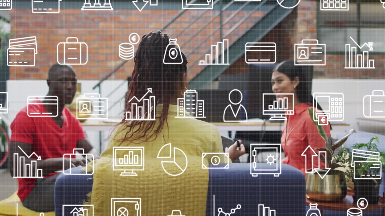 사무실에서 다양한 비즈니스 사람들에 대한 아이콘과의 연결의 애니메이션