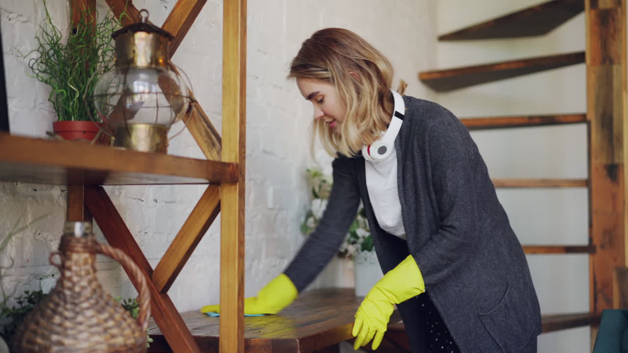 Woman cleaning wooden shelves