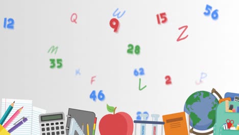⁇ 색 배경에 교육 아이콘과 함께 변화하는 숫자와 글자의 애니메이션