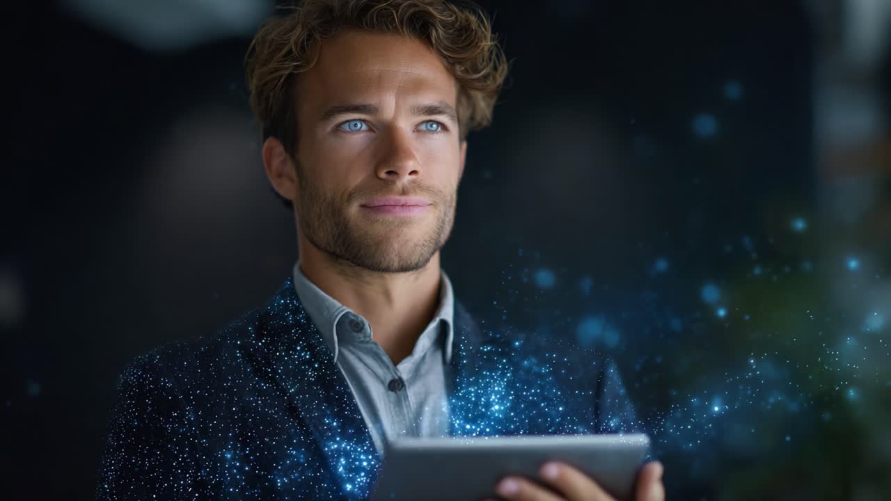 Un uomo riflessivo tiene in mano un tablet, circondato da un turbinio ipnotico di particelle digitali, che riflette l'innovazione e la tecnologia moderna in una scena accattivante