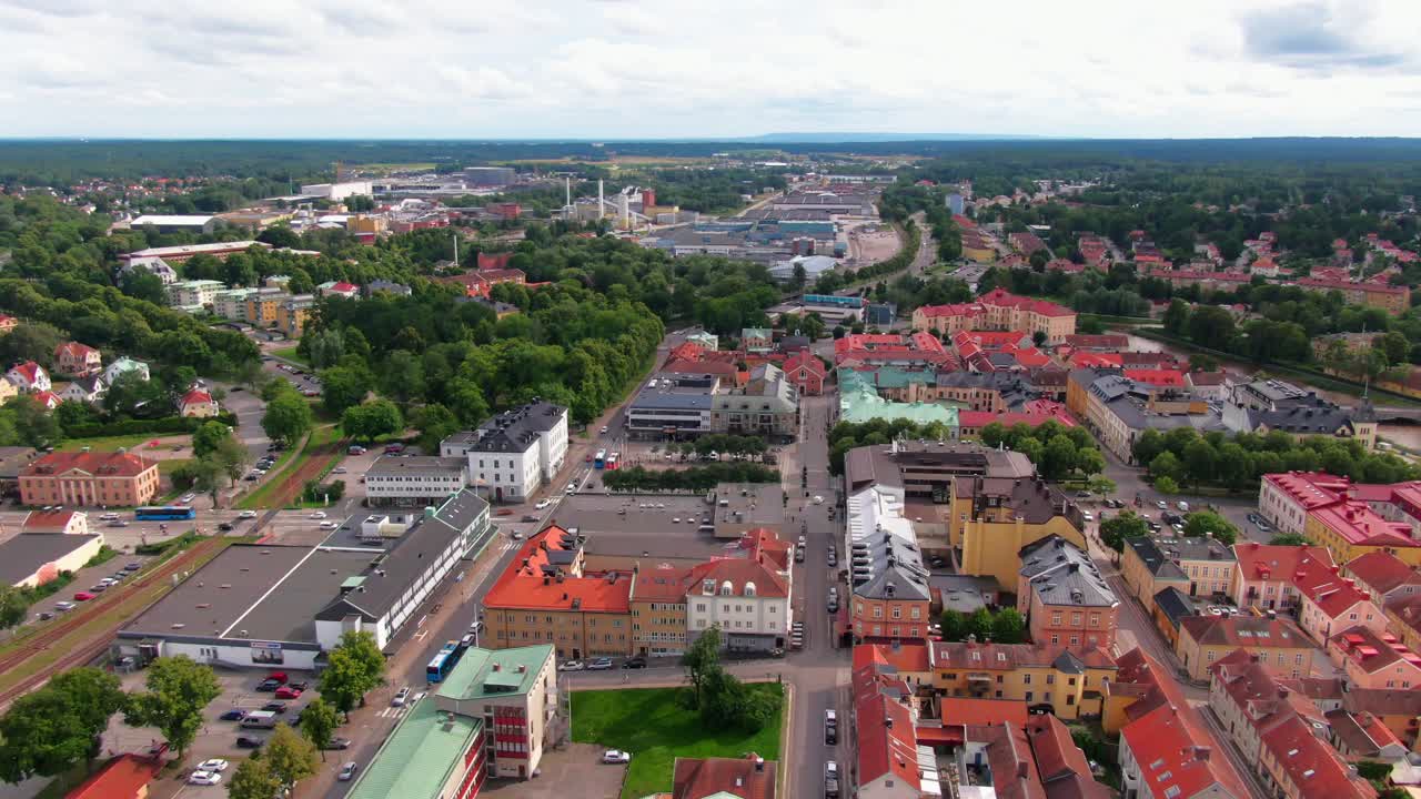 Wide aerial view of Mariestad central, commercial area, and surrounding urban blocks
