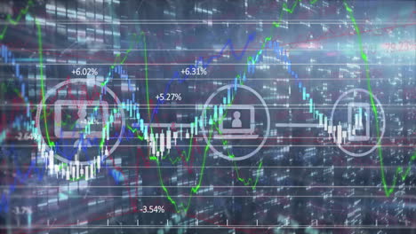 animación del procesamiento de datos financieros sobre íconos y columnas móviles sobre fondo negro.