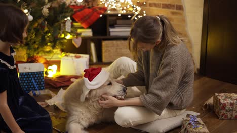 Mother-and-daughter-stroking-golden-retriever-dog-in-santa-hat-on-carpet-floor-under-decorated-new-year-tree