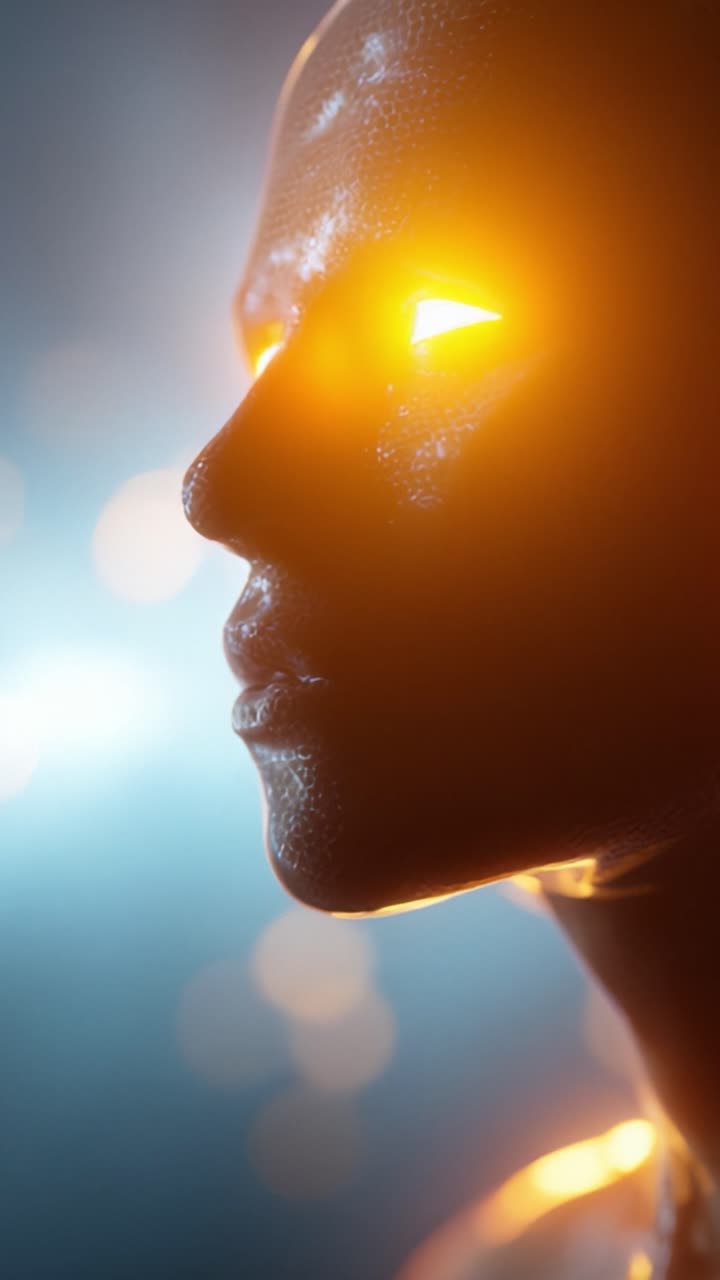Un gros plan fascinant d'une figure d'intelligence artificielle futuriste aux yeux lumineux, sur un arrière-plan bokeh captivant soulignant ses caractéristiques robotiques.