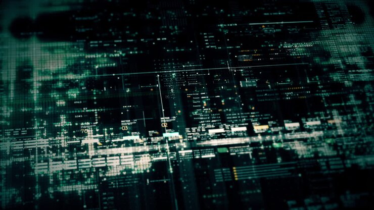 Immersive data matrix simulation UI with cutting-edge digital environment with a dynamic and immersive display of interconnected data matrix information networks systems background