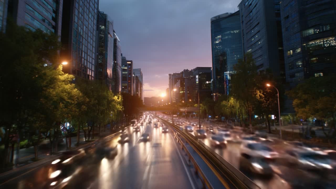 Scena di traffico urbano serale: una vista al crepuscolo di una strada cittadina trafficata fiancheggiata da grattacieli e che riflette la pioggia sull'asfalto sotto un cielo drammatico.