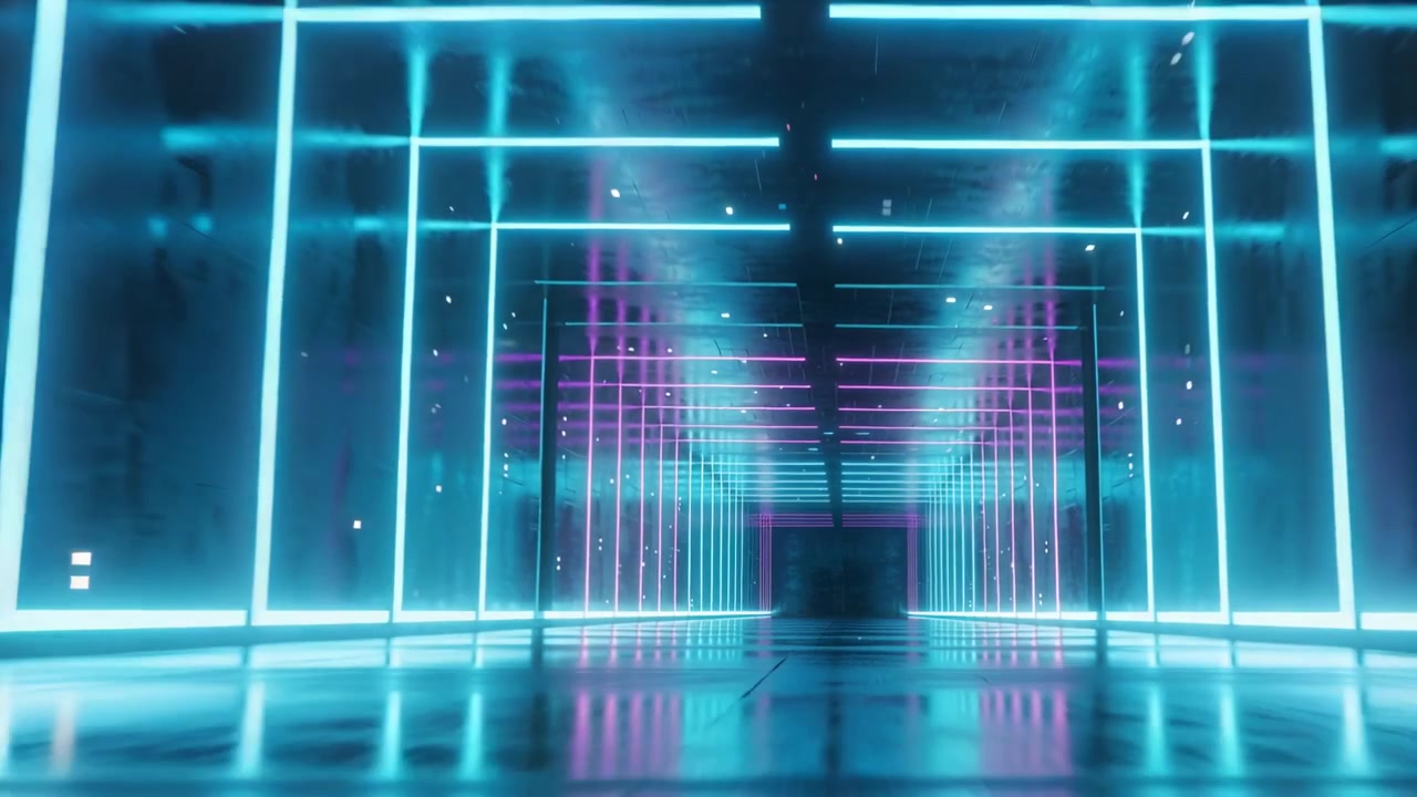 Una telecamera su dolly scorre attraverso un corridoio con cornici al neon su un pavimento lucido, aggiungendo profondità ciano e magenta.