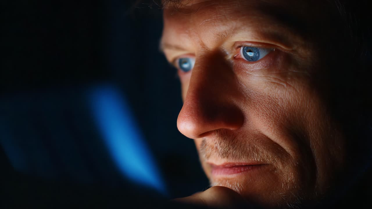 Ein nachdenklicher Mann, der bei schwachem Licht nachdenkt und seine ausdrucksstarken Gesichtszüge und intensiven blauen Augen hervorhebt, fängt einen Moment tiefer Reflexion und Konzentration ein