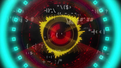 circular digital interface with glowing symbols and data processing animation