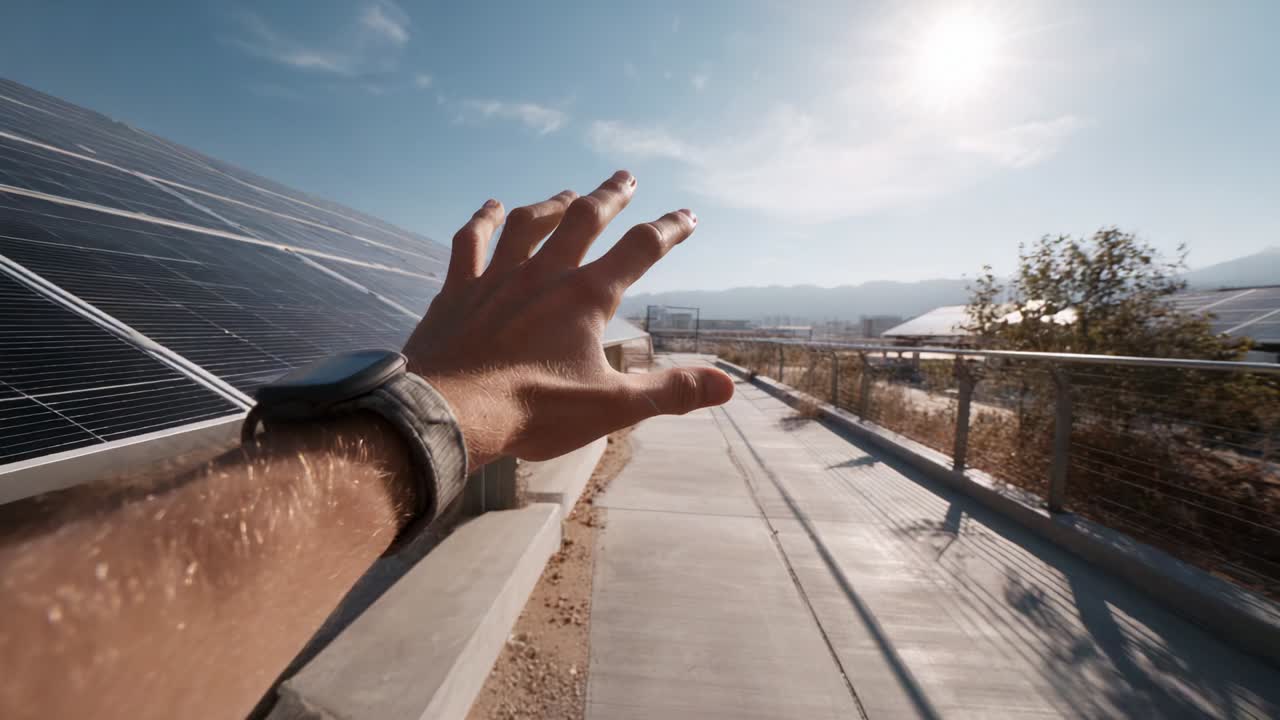A hand reaching towards the sunlit horizon, symbolizing hope and progress in renewable energy, as solar panels glisten under bright blue skies and a pathway leads towards a sustainable future
