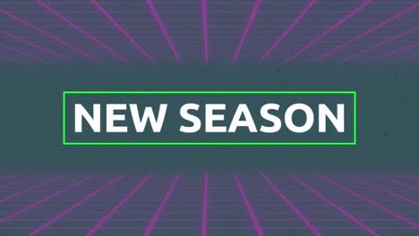 animation of new season in white text with pink crosses and green lines over pink grid on grey